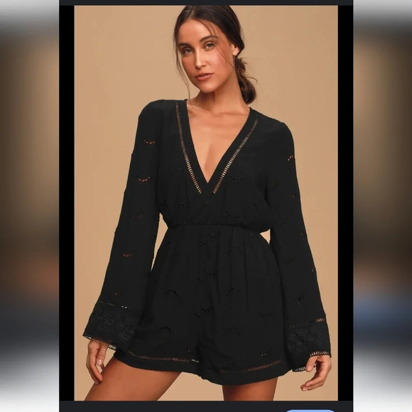 Lulus Moonlit Magic Black Embroidered Eyelet Long Sleeve Romper SzMed - Picture 1 of 12